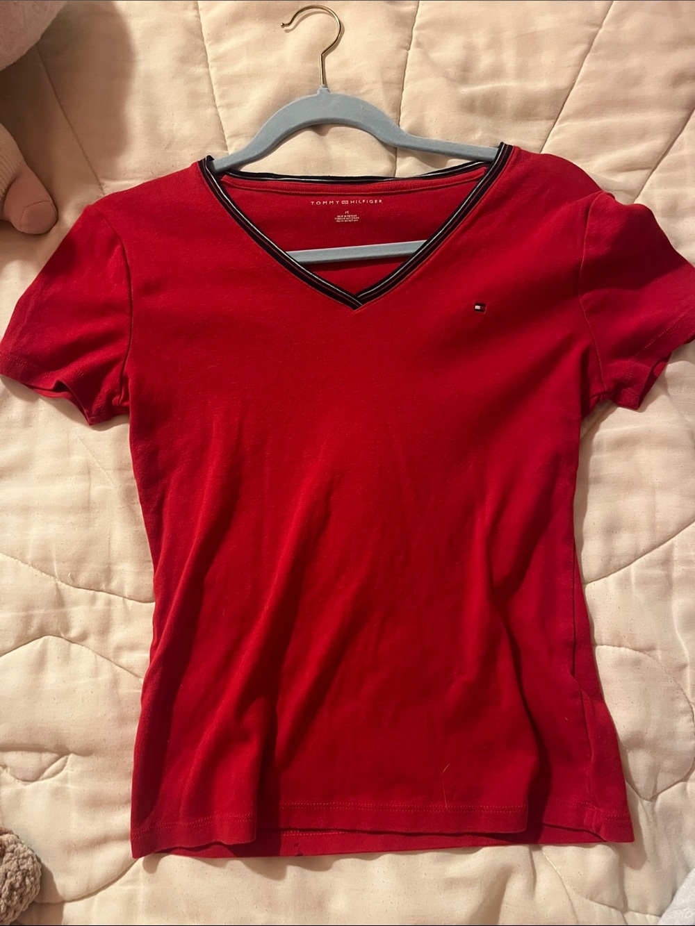 Tommy Hilfiger Red V-Neck Short Sleeve Tee with Contrast Trim